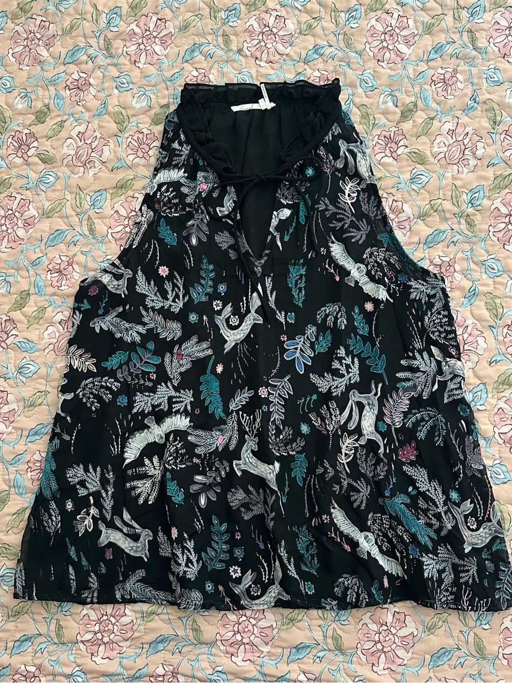Anthropologie Floreat Black & Teal Floral Deer Bunny & Owl Print Women’s Top